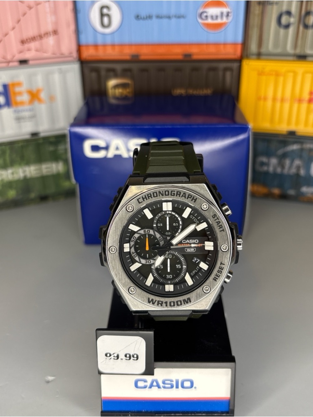 Casio 5747 Black and Silver Chronograph Sport Watch with Orange Accent